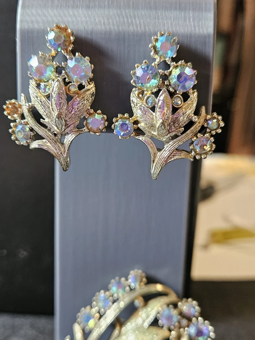 Pewter-Tone Aurora Borealis Floral Brooch and Clip On Earring Set. 1 Stone Gone